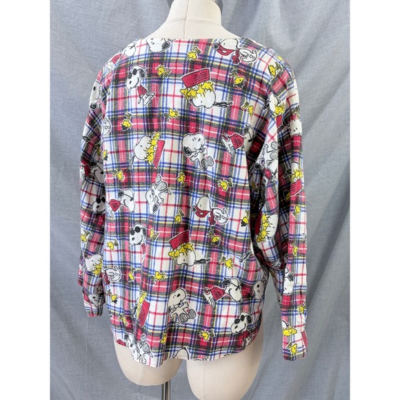 Vintage Snoopy Peanuts Woodstock Plaid Cotton Flannel Pajama Top Womens L 90s - Picture 7 of 9